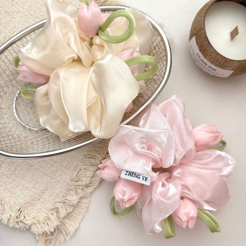 Women Accessories Photos - ยางรัดผมแบบยืดหยุ่นลายดอกทิวลิปสไตล์เกาหลี – ที่รัดผมสำหรับมัดผมทรงบัน/หางม้า, เครื่องประดับหวานๆ สำหรับใช้ในบ้าน, ออกนอกบ้าน