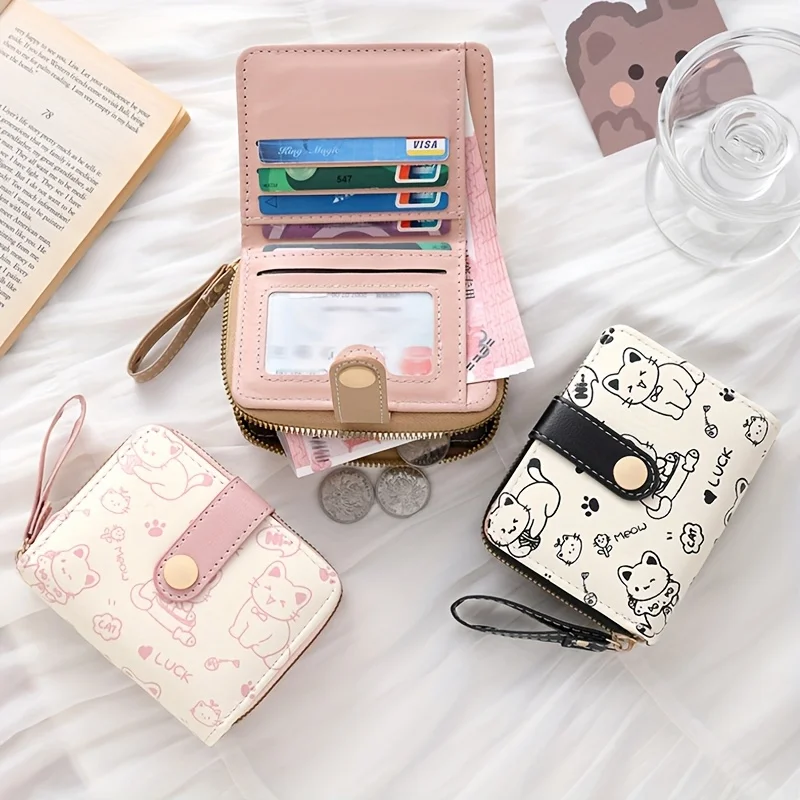 Women'S Accessories Wallet - กระเป๋าสตางค์ผู้หญิง กระเป๋าใส่เหรียญ ลายหมีน่ารัก พับสามตอน ปิดแบบกระดุม กระเป๋าสตางค์นักเรียนแบบสั้น