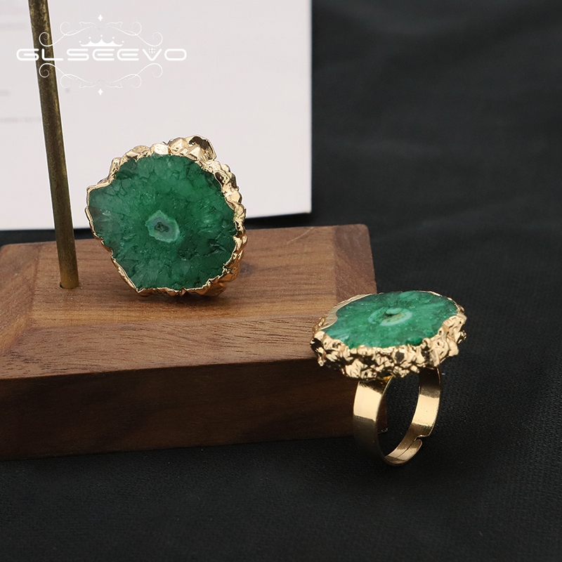 Women'S Accessories Gift Ideas - GLSEEVO สีเขียวหินธรรมชาติแหวนปรับสําหรับผู้หญิงแนวโน้มเครื่องประดับโรแมนติกของขวัญไอเดียสําหรับผู้หญิงอุปกรณ์จัดงานแต่งงาน