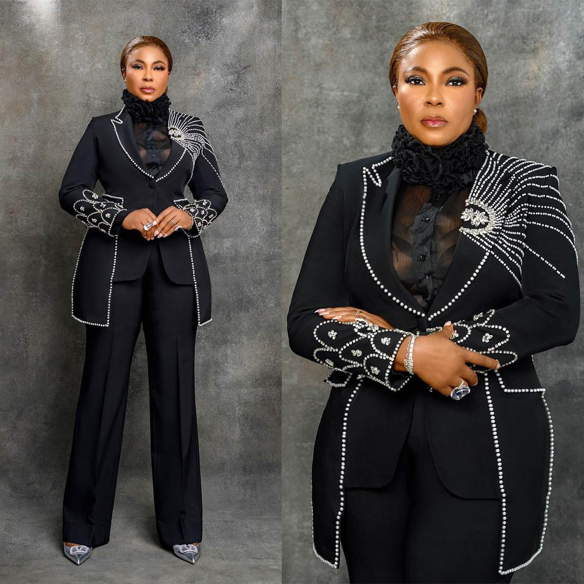 Women'S African Accessories - คริสตัลไข่มุกชุดเจ้าสาวหรูหราลูกปัดแอฟริกันผู้หญิง Flare กางเกง SLIM FIT Blazer