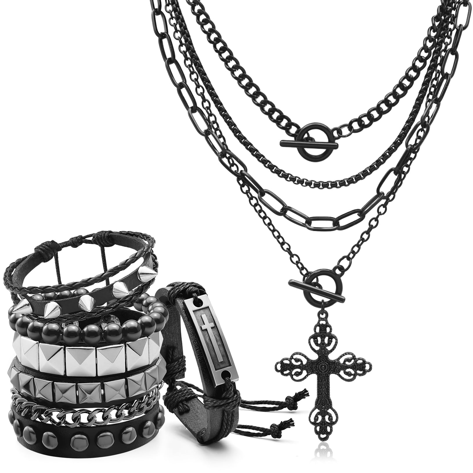 Women'S Emo Accessories - จี้กางเขนสไตล์กอธิค สร้อยคอแบบเลเยอร์ กำไลข้อมือประดับหมุดสไตล์กรันจ์สำหรับผู้หญิงและผู้ชาย กำไลหนังประดับหมุดสไตล์พังก์ร็อก Y2K เครื่องประดับอีโมยุค