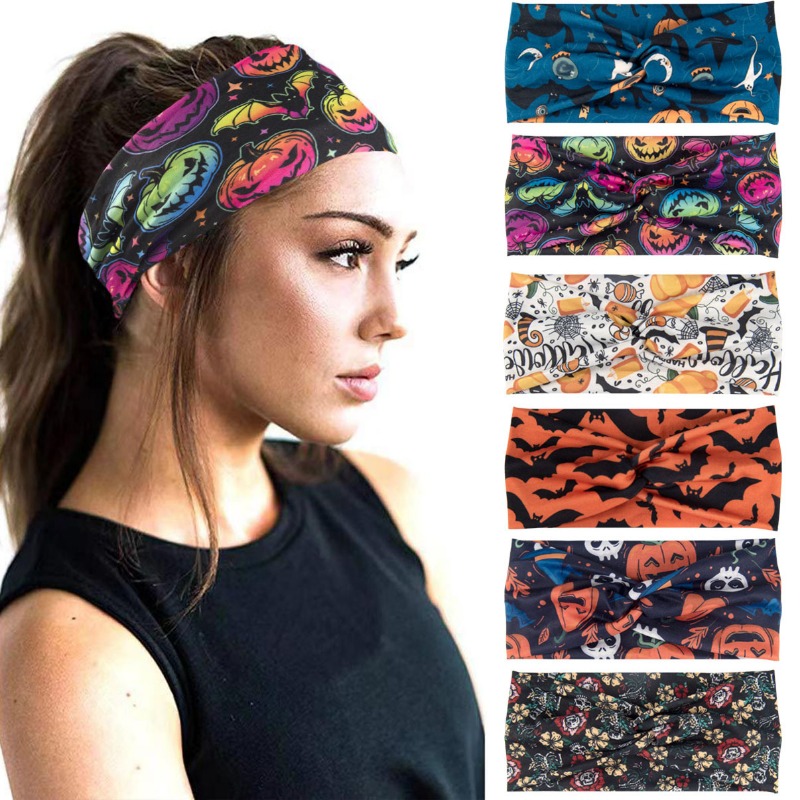 Women'S Running Accessories - เครื่องประดับผมวิ่งเล่นโยคะสำหรับผู้หญิงสายรัดศีรษะกว้างพิมพ์ลายหัวกะโหลกฟักทองทรงฟักทองแนวโบฮีเมียน