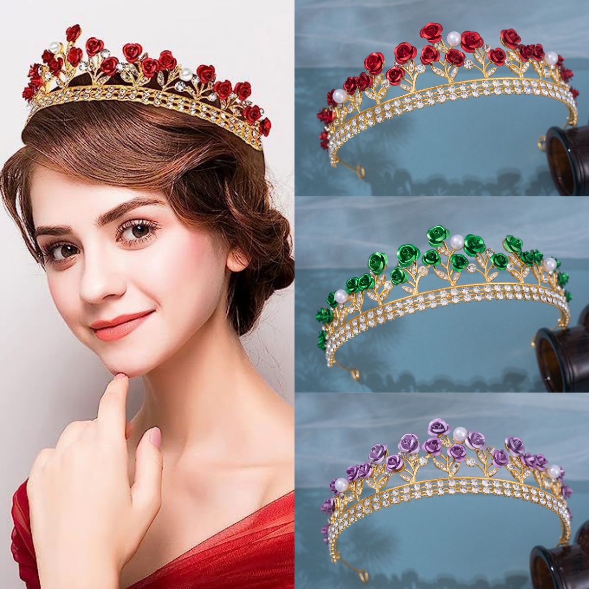 Women Accessories Jewelry - มงกุฎเจ้าสาวเซรามิกสไตล์บาโรก ประดับคริสตัล ไข่มุก และดอกกุหลาบ พร้อมเพชรเทียม สำหรับงานพรอม