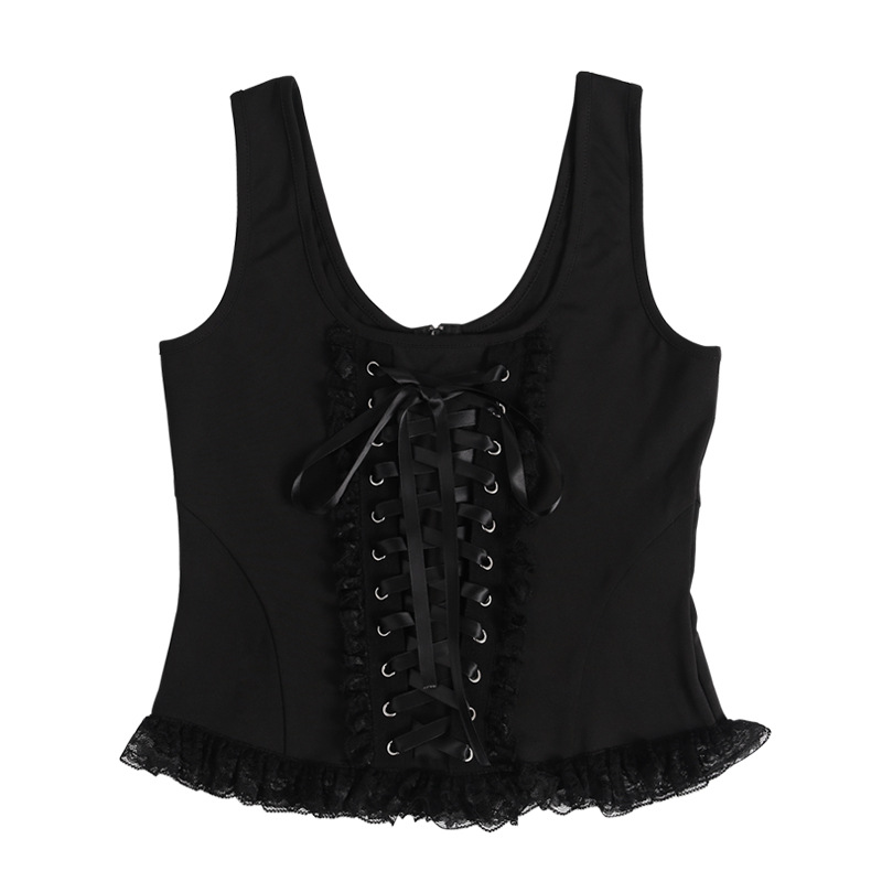Women'S Clothing And Accessories - เสื้อครอปคอเหลี่ยมผูกเชือก แฟชั่นสไตล์ยุโรปและอเมริกา เสื้อถักลูกไม้รัดรูปสำหรับผู้หญิง