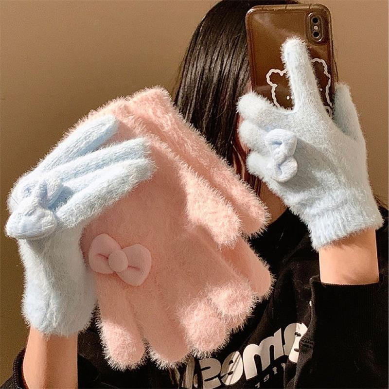 Women'S Accessories Gift Ideas - ถุงมือตุ๊กตาโบว์น่ารักหวานๆ สำหรับผู้หญิง ฤดูหนาว อุ่น ป้องกันความหนาว แบบห้านิ้ว